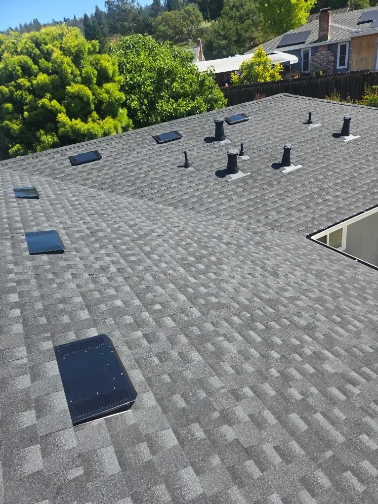 Finished shingle roof with skylights and roof vents